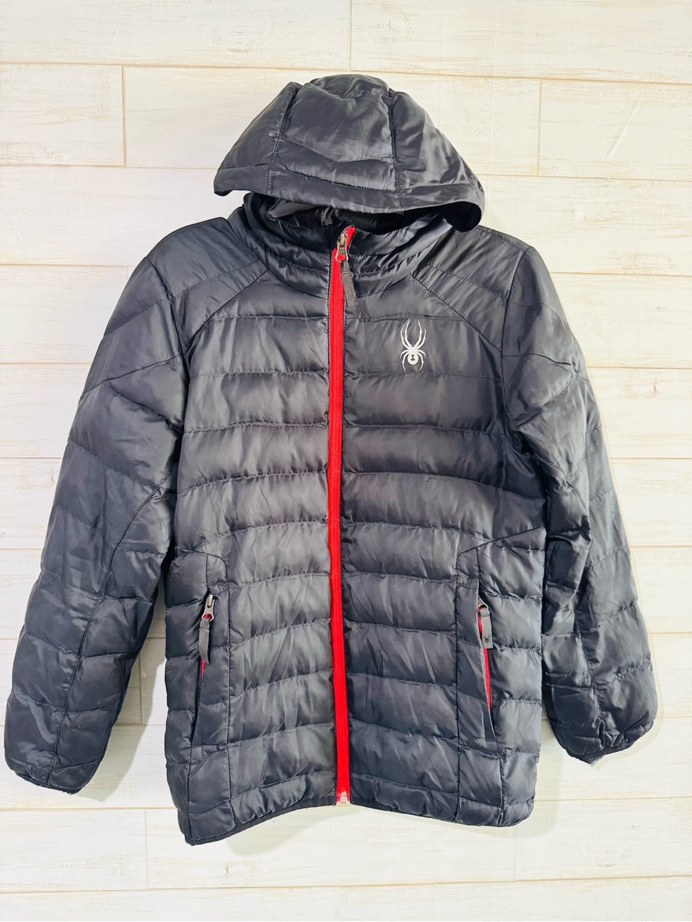 Spyder Kids Black Hooded Puffer Jacket with Red Zipper